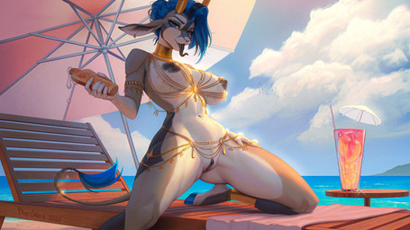 5_fingers anthro areola beach_umbrella beverage big_breasts biped black_nipples black_tongue black_vulva blue_eyes blue_hair blue_hooves blue_tail bottle breasts brown_body brown_fur brown_tail clothed_alt cloud container countershade_fur countershade_torso countershading day drinking_straw ear_piercing ear_ring eyelashes female fingers front_view fur genitals glass gold_(metal) gold_jewelry gold_necklace grey_body grey_fur hair holding_bottle holding_container holding_object hooves horn jewelry kneeling looking_at_viewer navel necklace nipples nude nude_anthro nude_female outside parasol piercing ring_piercing sea sky solo speech_bubble sunscreen tail tail_tuft tongue tongue_out tuft vulva water yellow_horn va_art zoraya_(hoofen) antelope bovid grazing_antelope mammal oryx 16:9 2025 digital_drawing_(artwork) digital_media_(artwork) hi_res widescreen