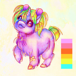 1_horn band-aid bandage blue_eyes female female_feral feral fur green_hair green_tail hair head_tilt heterochromia hooves horn mouth_closed orange_hooves pigtails purple_body purple_eyes purple_fur quadruped simple_background smile solo standing tail tied_hair yellow_background young young_female young_feral le_saturna fluffy_pony mythology equid equine fluffy_pony_(species) mammal mythological_creature mythological_equine unicorn 1:1 english_description