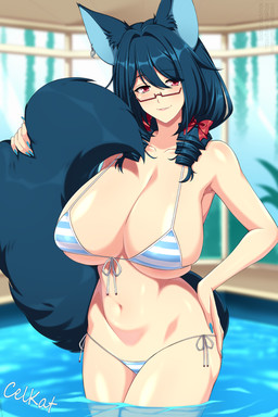 big_breasts bikini biped blue_hair blurred_background breasts clothed clothing eyebrows eyewear female fingers glasses hair looking_at_viewer navel pattern_bikini pattern_clothing pattern_swimwear pupils side-tie_bikini smile solo standing string_bikini striped_bikini striped_clothing striped_swimwear stripes swimwear thick_thighs two-piece_swimsuit wearing_glasses lindaroze animal_humanoid canid canid_humanoid humanoid mammal mammal_humanoid 2:3 hi_res