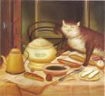 1972 20th_century ambiguous_gender ancient_art bread brown_body brown_fur brown_theme domestic_cat felid feline felis feral fernando_botero food formal_art fruit fur furniture hi_res inside looking_at_viewer mammal nude overweight overweight_ambiguous overweight_feral plant solo soup table tongue traditional_media_(artwork) white_body white_fur