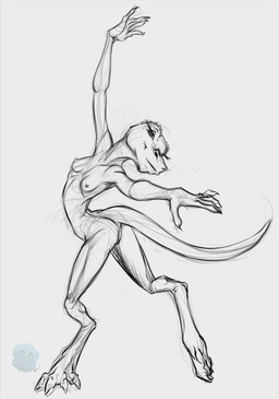 action_pose anthro anus biped breasts butt casual_nudity dancing digitigrade eyelashes female female_anthro genitals logo looking_at_viewer nipples non-mammal_breasts non-mammal_nipples nude nude_anthro nude_female pose simple_background sketchy small_breasts solo tail three-quarter_view vulva white_background genniidrominda shannon_(bahumot) kobold lizard reptile scalie artist_logo black_and_white full-length_portrait guide_lines monochrome portrait sketch traditional_media_(artwork)