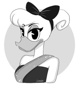 accessory angry annoyed anthro bare_shoulders black_hair_bow bow_ribbon clothed clothing dress female frown frowning_at_viewer hair hair_accessory hair_bow hair_bun hair_ribbon looking_at_viewer ribbons solo lunula disney ducktales ducktales_(2017) daisy_duck anatid anseriform avian bird duck greyscale monochrome