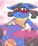 ambiguous_gender blush bodily_fluids convenient_censorship pink_mist semi-anthro simple_background solo sweat mochimochi39mo nintendo pokemon generation_4_pokemon lucario pokemon_(species)