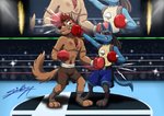 anthro blood bodily_fluids bottomwear boxing boxing_gloves clothing duo fighting_ring handwear male punch shorts sport sagadreams nintendo pokemon thaiwolf canid canine canis generation_4_pokemon lucario mammal pokemon_(species) wolf