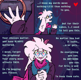 2_horns 3_panel_comic ambiguous_gender anthro begging biped clothed clothed_anthro clothed_male clothing cute_fangs dialogue door duo ellipsis eyewear fangs first_person_view floppy_ears fur glasses hands_together head_tuft heart_symbol horn looking_at_another looking_at_viewer male nervous pink_eyes pink_horn pleading_eyes red_heart reflection reflection_in_glasses scared talking_to_another talking_to_viewer teeth text tuft wearing_glasses white_body white_fur qwizibo deltarune undertale_(series) ralsei bovid caprine darkner goat mammal soul_(undertale) 2025 comic digital_drawing_(artwork) digital_media_(artwork) english_text hi_res