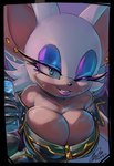 anthro bare_shoulders beverage black_border border bottle breasts cleavage clothed clothing container ear_piercing eyeshadow female fur holding_object lipstick looking_at_viewer makeup one_eye_closed piercing smile solo tan_body tan_skin water_bottle white_body white_fur wings wink soina sega sonic_the_hedgehog_(series) rouge_the_bat bat mammal 2023 absurd_res hi_res signature