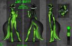 anthro biohazard_symbol biohazard_tattoo biped black_body black_eyes black_fur black_hair black_sclera casual_nudity chest_tattoo featureless_crotch femboy front_view fur glowing green_body green_fur green_hair hair hazard_symbol lime_fur male nude scar short_hair side_view solo standing symbol tattoo turnaround eliana-asato lime-wuffy canid canine canis fox hybrid mammal wolf 2015 model_sheet