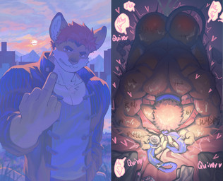 anthro before_and_after big_butt bowing brown_body brown_fur butt chastity_cage chastity_device collar delinquent flat_chastity_cage fur gesture hand_gesture heart_symbol key leash leashed_collar male metal_chastity_cage middle_finger muscular muscular_anthro muscular_male muscular_sub solo submissive submissive_anthro submissive_male white_body white_fur cyclic_cyan instant_loss_2koma mammal mouse murid murine rodent hi_res
