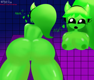big_butt breasts butt dark_eyes female green_body horn solo text invisha geometry_dash humanoid absurd_res hi_res translated