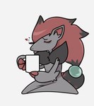 ambiguous_gender anthro biped black_body black_fur drinking fur grey_body grey_fur heart_symbol red_body red_fur simple_background solo white_background svkhaiminh nintendo pokemon generation_5_pokemon pokemon_(species) zoroark 2d_animation animated hi_res short_playtime