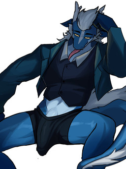 2_horns anthro bedroom_eyes biped black_clothing black_eyes black_underwear blue_body bulge clothing countershading detailed_bulge erection erection_under_clothing fur genitals hair hand_on_head horn jacket looking_at_viewer male narrowed_eyes penis penis_base seductive solo tail tail_mane tongue tongue_out topwear underwear vest white_body white_countershading white_hair yellow_sclera jaybeyyy mythology dragon furred_dragon furred_scalie mythological_creature mythological_scalie scalie 2024 3:4 hi_res