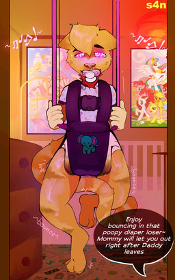 ageplay ambiguous_gender anthro baby_bouncer bodily_fluids bouncing clothed clothing cross-eyed degradation dialogue diaper dripping feces feet fur glowing glowing_eyes harness head_tuft hindpaw hypnosis infantilism inside mind_control music nursery object_in_mouth orange_body orange_fur pacifier pacifier_in_mouth paws poster purple_clothing purple_shirt purple_topwear ringed_eyes roleplay saliva saliva_drip saliva_string shirt soiled_diaper solo spiral spiral_eyes suspension tail text topwear tuft unclean_diaper used_diaper wearing_diaper s4n domestic_cat felid feline felis mammal 5:8 english_text hi_res