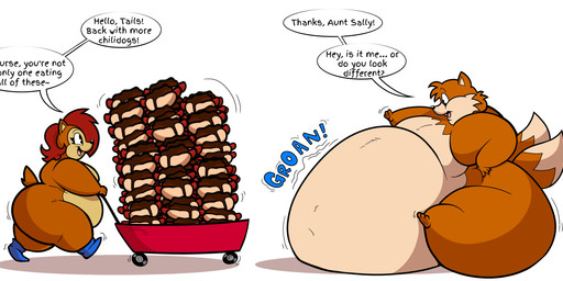 anthro auburn_hair belly big_belly black_nose blue_boots blue_clothing blue_footwear boots brown_body brown_fur chili_dog clothing dipstick_tail duo eyelashes fat_folds female food footwear fur greeting hair hot_dog huge_belly hyper hyper_belly immobile larger_male male markings morbidly_obese morbidly_obese_anthro morbidly_obese_male multicolored_body multicolored_fur nonsexualized_young nude_anthro nude_male obese obese_anthro obese_female obese_male orange_body orange_fur overstuffed overstuffing overweight overweight_anthro overweight_female overweight_male rumbling_stomach shoes simple_background size_difference speech_bubble tail tail_markings text vehicle wagon weight_gain white_background white_belly white_body white_fur white_mouth white_tail_tip young young_anthro floofyboyetime sega sonic_the_hedgehog_(series) miles_prower sally_acorn canid canine chipmunk fox ground_squirrel hybrid mammal rodent sciurid tree_squirrel absurd_res english_text hi_res