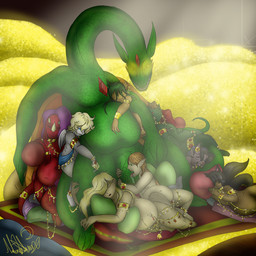 anthro arms_around_legs arms_around_penis chastity_cage chastity_device coin cuddling cuddling_tail egg genitals gold_(metal) gold_coin gold_jewelry group hyper hyper_genitalia jewelry licking male male/male oral penile penis penis_lick pregnant pregnant_male reclining sex size_difference sleeping tongue fledgedragonfox mythology angel demon dragon fairy felid feline goblin human humanoid hybrid kobold mammal mythological_creature mythological_scalie orc scalie