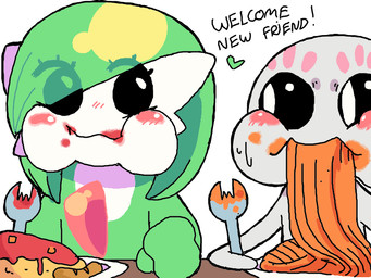 cheek_bulge cutlery duo eating featureless_hands female food hair hair_over_eye kitchen_utensils pasta simple_background smile spaghetti spork tools white_background melfunnysmell nintendo pokemon gaba_(melfunnysmell) hatta_(melfunnysmell) gardevoir generation_3_pokemon generation_8_pokemon hatterene humanoid pokemon_(species) 4:3