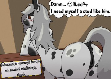 animal_genitalia animal_vulva anus blush blush_lines breasts butt distracted ears_up emoji equine_anus equine_genitalia equine_vulva female fur genitals grey_body grey_fur grey_hair hair happy long_hair looking_at_another looking_away markings presenting presenting_hindquarters puffy_anus raised_tail side_boob side_view simple_background solo spots spotted_body spotted_fur standing tail text thought_bubble toony vulva warning_sign lotnik5 equid equine horse mammal taur absurd_res english_text hi_res polish_text shaded simple_shading