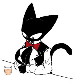 anthro beverage big_breasts black_body black_clothing black_fur black_tail black_topwear black_vest bow_tie breasts cleavage clothed clothing collared_shirt dress_shirt female fingers fur glass huge_breasts looking_down mouthless red_bow_tie shirt simple_background solo tail topwear vest white_background white_clothing white_shirt white_topwear white_undershirt sabgong vingo_(sabgong) domestic_cat felid feline felis mammal