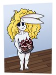 anthro barely_visible_nipples black_nipples black_nose black_sclera blonde_hair blue_eyes breasts cake casual_nudity convenient_censorship dessert eyelashes female food fur hair high-angle_view holding_food holding_object long_ears looking_at_viewer nipples nude puffy_hair simple_background smile solo whiskers white_body white_fur criminalbunnydraws snowdrop_(criminalbunnydraws) lagomorph leporid mammal rabbit hi_res