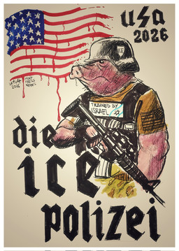5_fingers american_flag anthro assault_rifle blood bodily_fluids border bulletproof_vest clothing fingerless_gloves fingers gloves gun handwear hexagram holding_object holding_weapon israel israeli israeli_flag male military military_clothing military_helmet military_uniform nazi pink_body pink_skin police police_officer police_uniform political_cartoon politics ranged_weapon religion religious_symbol rifle rune runes schutzstaffel sig_rune simple_background soldier solo stahlhelm star_of_david symbol text uniform united_states_of_america war warrior weapon white_background white_border carlos_latuff judaism u.s._department_of_homeland_security u.s._immigration_and_customs_enforcement domestic_pig mammal suid suine sus_(pig) 2026 english_text german_text hi_res