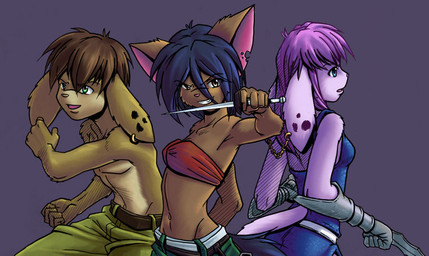 anthro clothed clothing dagger ear_piercing female group holding_object holding_weapon male melee_weapon midriff piercing simple_background tail weapon priscilla_t trp86 kayto kira-to domestic_cat felid feline felis lagomorph leporid mammal rabbit