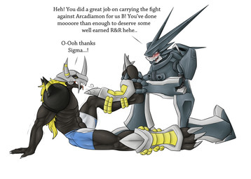 anthro armor blush bodily_fluids bottomwear breath clothed clothing drooling duo foot_rub kneeling leaning leaning_backward male male/male muscular on_one_knee panting paws quads raised_leg saliva shorts tight_bottomwear tight_clothing tight_shorts tight_underwear tongue tongue_out underwear bandai_namco digimon sigmashoutmon_(sergeant_stacker) blackwargreymon digimon_(species) absurd_res hi_res tagme