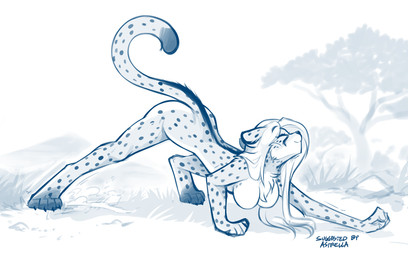 4_toes all_fours anthro ass_up biped breasts casual_nudity claws countershade_fur countershade_torso countershading digitigrade eyes_closed featureless_breasts feet female fingers flexible front_view fur hair hanging_breasts markings medium_breasts nude nude_anthro nude_female outside plant savanna smile solo spots spotted_body spotted_fur spotted_markings spotted_tail spread_legs spreading stretching tail tail_markings toe_claws toes tree conditional_dnp tom_fischbach cheetah felid feline mammal 2025 blue_and_white digital_drawing_(artwork) digital_media_(artwork) hi_res monochrome sketch