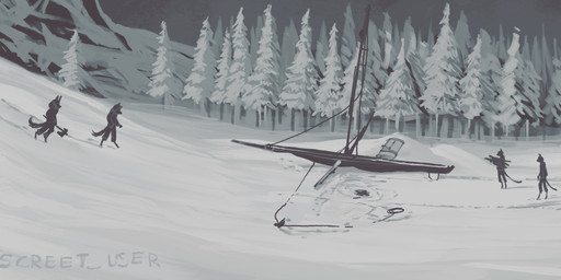 ambiguous_gender anthro axe biped digitigrade forest group holding_axe holding_object outside plant ship snow text tree vehicle watercraft discreet_user canid canine felid feline mammal 2023 artist_name digital_media_(artwork) hi_res
