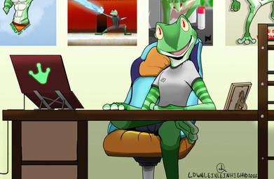 anthro chair clothing computer crossed_legs desk electronics furniture green_body laptop male markings office_chair on_chair open_mouth open_smile picture_frame picture_on_wall red_eyes shirt sitting sitting_on_chair smile smiling_at_viewer solo striped_markings stripes t-shirt table tongue topwear yellow_sclera lownleinhigh wralf_airrick_rockhold amphibian frog tree_frog 2021 signature