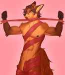 anthro athletic athletic_anthro athletic_male black_nipples black_nose black_pawpads blue_eyes brown_body brown_fur brown_hair bulge detailed_bulge embarrassed facial_hair floydredwood fluffy fur genital_outline goatee hair male nipples pawpads penis_outline red_body red_fur solo cherryfoxy canid canine canis fox mammal red_fox true_fox absurd_res digital_media_(artwork) hi_res