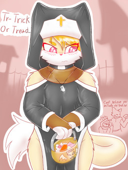 anthro arm_tuft blonde_hair blush candy clothed clothing cross cross_necklace crossdressing dessert food fur hair holidays jewelry male necklace nun pink_eyes shoulder_tuft solo tuft yellow_body yellow_fur tasticstarlight halloween talia_(tasticstarlight) domestic_cat felid feline felis mammal 3:4 hi_res
