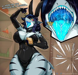 anthro armwear big_breasts bioluminescence bodily_fluids breasts bunny_costume camel_toe cleavage clothed clothing costume elbow_gloves female furry_shark gloves glowing handwear latex latex_clothing latex_skinsuit long_ears mouth_shot open_mouth saliva skinsuit solo standing teeth tight_clothing tongue tongue_out vore shamziwhite aquatic fish shark hi_res