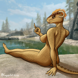 3d_background anthro areola beckoning bedroom_eyes breasts butt cloud crossed_legs day feather_hair feathers feet female gesture hand_on_ground horn looking_at_viewer mountain mouth_closed narrowed_eyes nipples non-mammal_breasts non-mammal_nipples nude outside plant pseudo_hair scales seductive shoreline sitting sitting_on_ground sky smile solo tail three-quarter_view tree water yellow_body yellow_eyes yellow_feathers yellow_scales cayugo microsoft the_elder_scrolls argonian scalie 1:1 2025 3d_(artwork) digital_drawing_(artwork) digital_media_(artwork) hi_res mixed_media