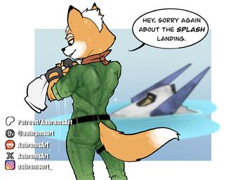 abstract_background anthro arwing back_muscles belt black_clothing black_gloves black_handwear brown_body brown_fur butt clothing dialogue fingerless_gloves fluffy fluffy_tail fur gloves green_jumpsuit handwear instagram_logo jumpsuit long_tail male patreon_logo red_scarf reddit_logo scarf smile snout solo tail text tiktok_logo towel wet wet_body wet_fur white_body white_fur x_logo aabramsart instagram nintendo patreon reddit star_fox the_super_mario_galaxy_movie tiktok x_(social_media) fox_mccloud canid canine fox mammal 2026 artist_name digital_drawing_(artwork) digital_media_(artwork) english_text hi_res url watermark