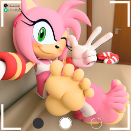 anthro barefoot camera_hud clothing duo feet female foot_focus gesture gloves green_eyes hand_gesture handwear pink_body soles toes v_sign white_clothing white_gloves white_handwear panettou sega sonic_the_hedgehog_(series) amy_rose eulipotyphlan hedgehog mammal 1:1 3d_(artwork) absurd_res digital_media_(artwork) hi_res