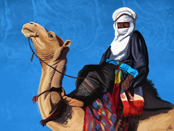 barefoot blue_background brown_body brown_skin clothed clothed_male clothing duo feet feral litham male quadruped riding_on_back simple_background tuareg veil agustindiazart camel camelid human mammal 2023 4:3 hi_res