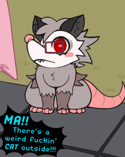 ambiguous_gender eyewear eyewear_only feral fur glasses glasses_only grey_body grey_fur humor looking_at_viewer nude pink_paws pink_tail profanity red_eyes simple_background sitting tail text wearing_glasses softestpuffss american_opossum mammal marsupial 4:5 english_text hi_res meme male_(lore)