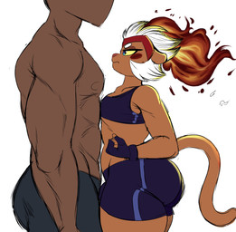 ambiguous_gender anthro big_butt bulge butt clothing dark_body dark_skin duo femboy human_on_anthro interspecies male muscular muscular_male simple_background standing thick_thighs tight_clothing isolatedartest nintendo pokemon generation_4_pokemon haplorhine human infernape mammal monkey pokemon_(species) primate absurd_res digital_media_(artwork) hi_res
