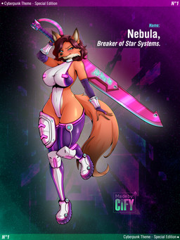 5_fingers abstract_background anthro arm_armor arm_warmers armor armor_plates armwear asymmetrical_armor bedroom_eyes belly big_breasts blade blue_accents blue_armor blue_blade blue_boots blue_clothing blue_cuffs blue_eyes blue_footwear blue_gem blue_sword blue_text blue_weapon blush blush_lines boots breasts brown_claws brown_ears brown_finger_claws brown_hair brown_hands brown_nose brown_tail brown_tail_tip canine_ears canine_tail cheek_tuft choker claws clothed clothing confident confident_anthro confident_female cosmic_background countershade_belly countershade_face countershade_fur countershade_neck countershade_snout countershade_torso countershading cuffs_(clothing) curvy_figure cute_fangs cyan_text cyberpunk detailed_background diamond_(gem) dipstick_tail ear_tuft energy_sword energy_weapon eyebrow_through_hair eyebrows eyelashes facial_tuft fangs female finger_claws fingers fluffy fluffy_tail footwear fox_ears fox_tail front_view fur fur_tuft furrowed_eyebrows futuristic futuristic_armor futuristic_clothing futuristic_sword futuristic_weapon gem glistening glistening_body glistening_breasts glistening_cheeks glistening_clothing glistening_eyes glistening_face glistening_fur glistening_hair glistening_legs glistening_legwear glistening_leotard glistening_melee_weapon glistening_shoulders glistening_sword glistening_thigh_highs glistening_thighs glistening_torso glistening_weapon glowing glowing_accents glowing_armor glowing_boots glowing_clothing glowing_cuffs glowing_footwear glowing_knee_pads glowing_leg_armor glowing_leotard glowing_ring glowing_runes glowing_sword glowing_symbol glowing_thigh_highs glowing_weapon gradient_background gradient_blade gradient_fingers gradient_hand gradient_sword gradient_tail gradient_tail_tip gradient_weapon green_background green_text hair hilt holding_melee_weapon holding_object holding_sword holding_weapon hourglass_figure humanoid_breasts humanoid_hands jewelry knee_pads large_sword large_weapon leg_armor legwear leotard logo long_hair long_tail markings melee_weapon multicolored_armor multicolored_armwear multicolored_belly multicolored_blade multicolored_body multicolored_boots multicolored_clothing multicolored_cuffs multicolored_ears multicolored_face multicolored_footwear multicolored_fur multicolored_hands multicolored_legwear multicolored_leotard multicolored_sword multicolored_tail multicolored_thigh_highs multicolored_torso multicolored_tuft multicolored_weapon narrowed_eyes necklace orange_arms orange_belly orange_body orange_breasts orange_chest orange_ears orange_eyebrows orange_face orange_fur orange_hands orange_legs orange_snout orange_tail orange_torso orange_tuft orange_upper_jaw pink_accents pink_armor pink_blade pink_boots pink_clothing pink_cuffs pink_footwear pink_knee_pads pink_ring pink_sword pink_text pink_weapon playful pupils purple_armor purple_armwear purple_background purple_boots purple_clothing purple_footwear purple_hilt purple_leg_armor purple_leotard raised_calf raised_foot runes science_fiction seductive shoes shoulder_length_hair simple_background skimpy slit_pupils snout solo space space_background squint squinted_eyes star sword sword_over_shoulder symbol tail tail_markings tan_belly tan_body tan_countershading tan_face tan_fur tan_inner_ear tan_lower_jaw tan_snout tan_throat tan_torso tan_tuft teeth text thick_eyelashes thigh_highs translucent translucent_hair tuft unconvincing_armor wavy_hair weapon weapon_over_shoulder white_armor white_boots white_choker white_clothing white_cuffs white_footwear white_jewelry white_knee_pads white_leg_armor white_leotard white_necklace white_text wide_hips wrist_armor cify nebula_(breaker_of_star_systems) canid canine fox mammal absurd_res artist_logo artist_name character_name colored digital_drawing_(artwork) digital_media_(artwork) hi_res huge_filesize