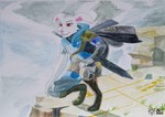 anthro boots clothing crouching floppy_ears footwear ledge male melee_weapon shield shoes solo sword sword_on_back weapon jazovyx nintendo tears_of_the_kingdom the_legend_of_zelda endymion_(endymionwr) lagomorph leporid mammal rabbit absurd_res hi_res painting_(artwork) watercolor_(artwork)