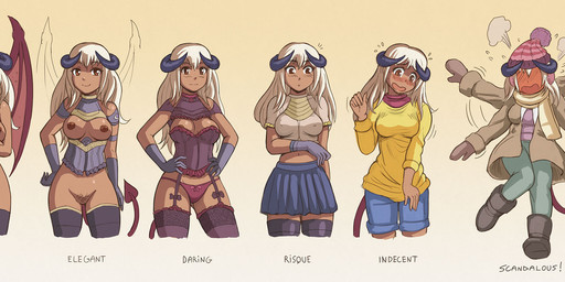 blush boots bottomwear breasts choker clothing embarrassed female footwear hair hand_on_hip hat headgear headwear horn jacket jewelry legwear lingerie looking_at_viewer membrane_(anatomy) membranous_wings navel necklace nipple_outline nipples not_furry open_mouth pants pubes scarf shirt shoes simple_background skirt smile solo spade_tail stockings surprised tail text topwear white_hair wings karbo demon demon_humanoid humanoid 2016 digital_media_(artwork) english_text hi_res sequence