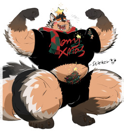 anthro biceps black_body black_bottomwear black_clothing black_fur black_shirt black_shorts black_topwear bottomwear brown_body brown_fur christmas_clothing claws clothing crouching flexing flexing_bicep flexing_both_biceps forearm_muscles fur grey_body grey_fur holidays male multicolored_body multicolored_fur muscular muscular_anthro muscular_male muscular_thighs open_mouth orange_body orange_fur pattern_clothing pattern_scarf print_clothing print_shirt print_t-shirt print_topwear pubes scarf shirt shorts solo star_ornament sticker striped_clothing striped_scarf stripes t-shirt tail text toe_claws topwear whiskers white_body white_fur bogexboog christmas haki_(bogexboog) canid canine canis domestic_dog mammal 2025 english_text hi_res