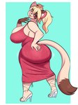 anthro big_breasts big_butt blush breasts butt clothing dress ear_piercing female footwear hair hand_on_butt high_heels huge_breasts huge_butt piercing shoes simple_background smile solo tongue tongue_out jwinkz felicia_(jwinkz) domestic_cat felid feline felis mammal hi_res