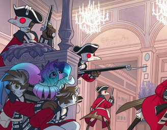 ambiguous_gender anthro baroque_architecture barrel chandelier clothing crouching group gun hair handgun hat headgear headwear inside mask musket pistol ranged_weapon rifle standing tricorne uniform weapon roawayart aquatic avian fish hi_res