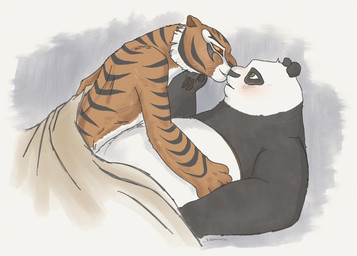 anthro anthro_on_anthro bed bedding blanket blush duo female fur furniture interspecies male male/female nude on_bed orange_body overweight smile stripes under_blanket zzommie dreamworks kung_fu_panda master_po_ping master_tigress bear felid giant_panda mammal pantherine tiger 2024 digital_media_(artwork)