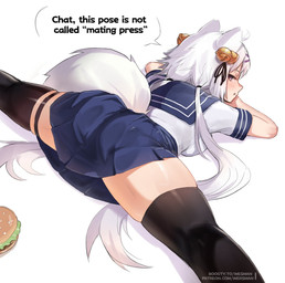 ahoge asian_clothing bell_accessory black_clothing black_legwear black_stockings blue_bottomwear blue_clothing blue_skirt bottomwear burger butt cat_tail clothing east_asian_clothing female flexible food hair japanese_clothing japanese_school_uniform legwear light_body light_skin looking_back lying on_front purple_eyes school_uniform simple_background skirt solo splits spread_legs spreading stockings tail text thick_thighs uniform white_ears white_hair white_tail wersman vtuber filian_(vtuber) animal_humanoid cat_humanoid felid felid_humanoid feline feline_humanoid humanoid mammal mammal_humanoid 2026 digital_media_(artwork) english_text hi_res url
