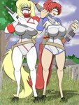 anthro big_breasts blonde_hair breasts brown_body brown_fur cleavage clothed clothing duo female fur gun hair hooves open_mouth outside plant ranged_weapon red_hair tree unguligrade weapon white_body white_fur sailoranna anna_(sailoranna) sara_(sailoranna) equid equine horse mammal 3:4 hi_res sibling_(lore) sister_(lore) sisters_(lore)