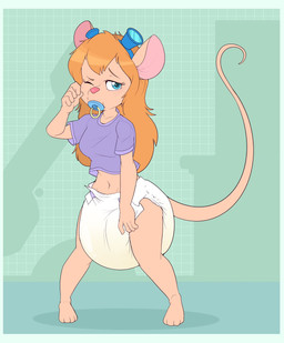 anthro big_diaper blue_eyes blush bodily_fluids border breasts brown_body brown_fur clothed clothing diaper digitigrade eyewear feet female front_view fur furgonomics genital_fluids goggles hair humanoid_hands knock-kneed long_hair looking_at_viewer navel object_in_mouth one_eye_closed orange_hair pacifier pacifier_in_mouth rubbing_eyes shirt simple_background solo spread_legs spreading standing t-shirt tired topwear unclean_diaper urine used_diaper wearing_diaper wet_diaper wetting white_border white_diaper bubblepuppers chip_'n_dale_rescue_rangers disney gadget_hackwrench mammal mouse murid murine rodent hi_res