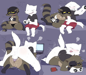 anthro anus balls beanie bed beverage_can blush blush_lines bottomless bottomless_male bottomwear breasts brown_body brown_fur choker clothed clothing condom controller duo electronics fellatio female fluffy fluffy_tail fur furniture gaming genitals hat headgear headwear holding_object jewelry male necklace nude nude_female on_bed on_top oral panties penile penis playing_video_game raccoon_tail safe_sex sex sexual_barrier_device shirt shorts tail television text thick_thighs tongue tongue_out topwear underwear vaginal vulva wearing_condom white_body white_fur snazzle_snapp domestic_cat felid feline felis mammal procyonid raccoon hi_res