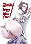 animal_print armwear big_breasts biped blush breasts brown_hair clothed clothing cow_print elbow_gloves eyewear female glasses gloves hair handwear holidays horn legwear leotard looking_at_viewer looking_back looking_back_at_viewer red_text skimpy solo text thigh_highs bow_(artist) chinese_zodiac new_year year_of_the_ox animal_humanoid bovid bovid_humanoid bovine bovine_humanoid cattle_humanoid humanoid mammal mammal_humanoid 2021 english_text