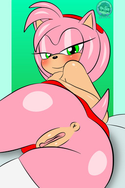 accessory anthro bottomwear butt butt_focus clitoris clothing female fur genitals green_eyes hair hair_accessory hairband half-closed_eyes legwear looking_at_viewer narrowed_eyes pink_body pink_fur pink_hair skirt smile smiling_at_viewer solo stockings vulva sirjzau sega sonic_the_hedgehog_(series) amy_rose eulipotyphlan hedgehog mammal absurd_res hi_res